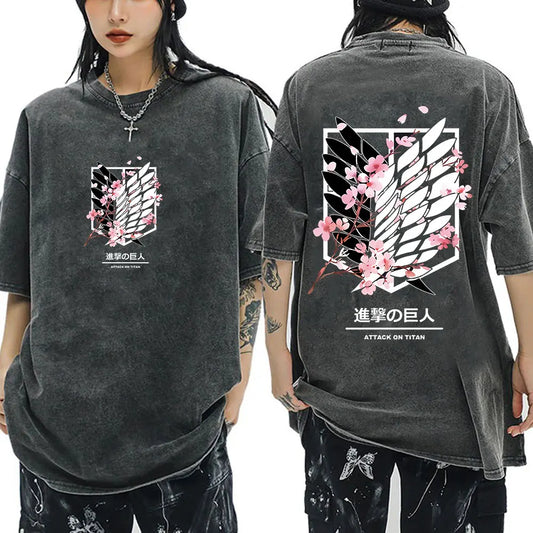 Anime Attack on Titan Washed T-Shirt Ackerman Mikasa Eren Jaeger Cherry Blossom Graphics Logo T Shirt Men Women Cotton T Shirts
