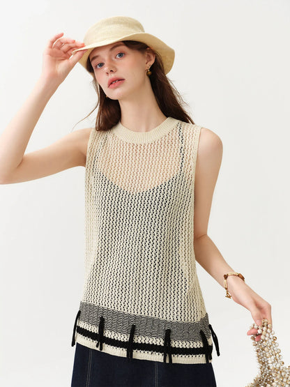 French-style Round Neck Color-blocked Vest for Commuting New Summer 2026 Style Tassel Knitwear Beach Holiday
