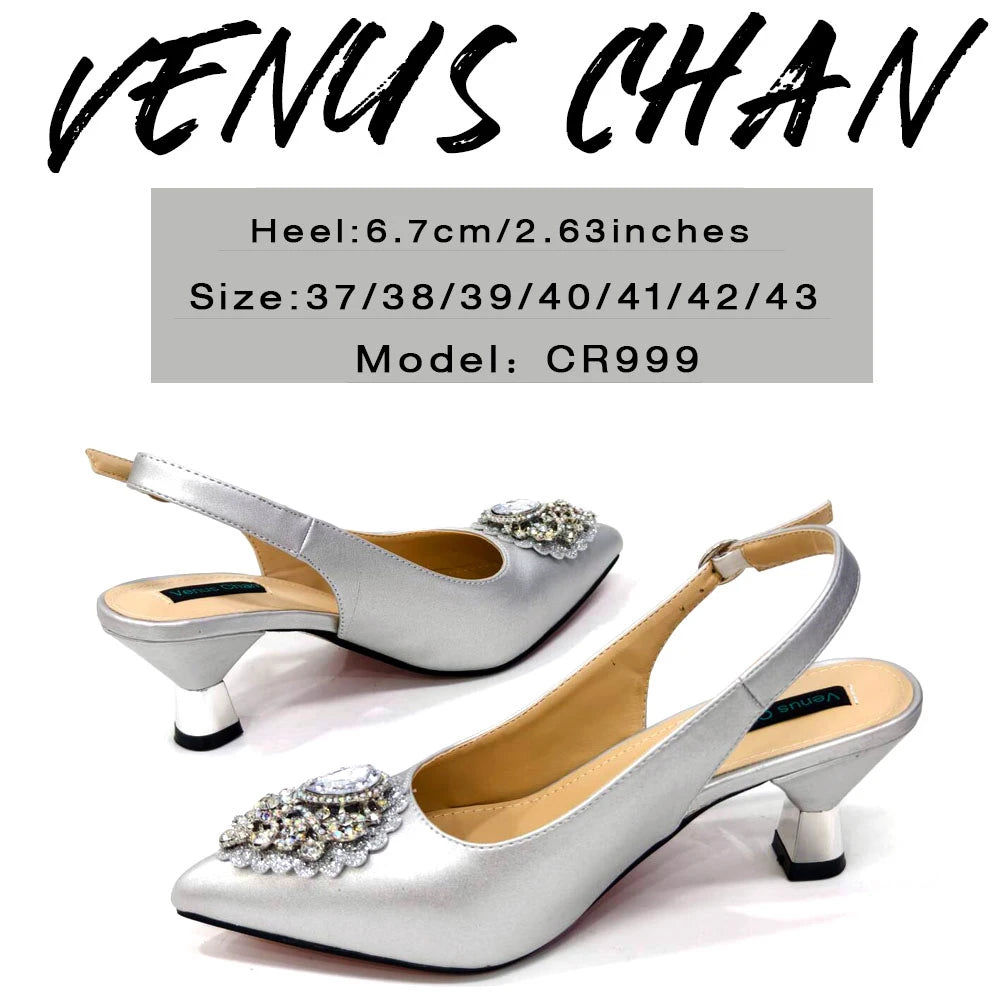 2024 Latest Wedding Pointed Toe Women's Shoes High Heel White Color Rhinestones Party Ladies Shoes And Bag Set