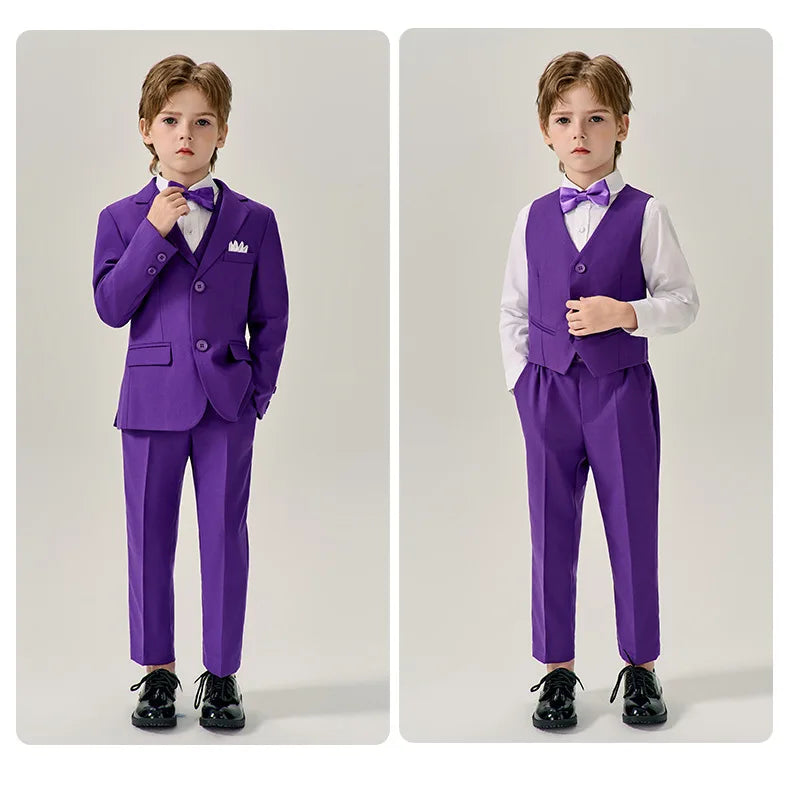 Prince Kids Purple Jakcet Vest Pants Bowtie Piano Party Dress Boys Wedding Ceremony Photograph Suit Children Performance Costume