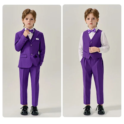 Prince Kids Purple Jakcet Vest Pants Bowtie Piano Party Dress Boys Wedding Ceremony Photograph Suit Children Performance Costume