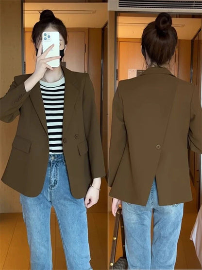 Suit Jacket Spring 2025 New Women Blazers Casual Notched Female Chic Coat Slim One Button Temperament Suit Coats Khaki Outwear