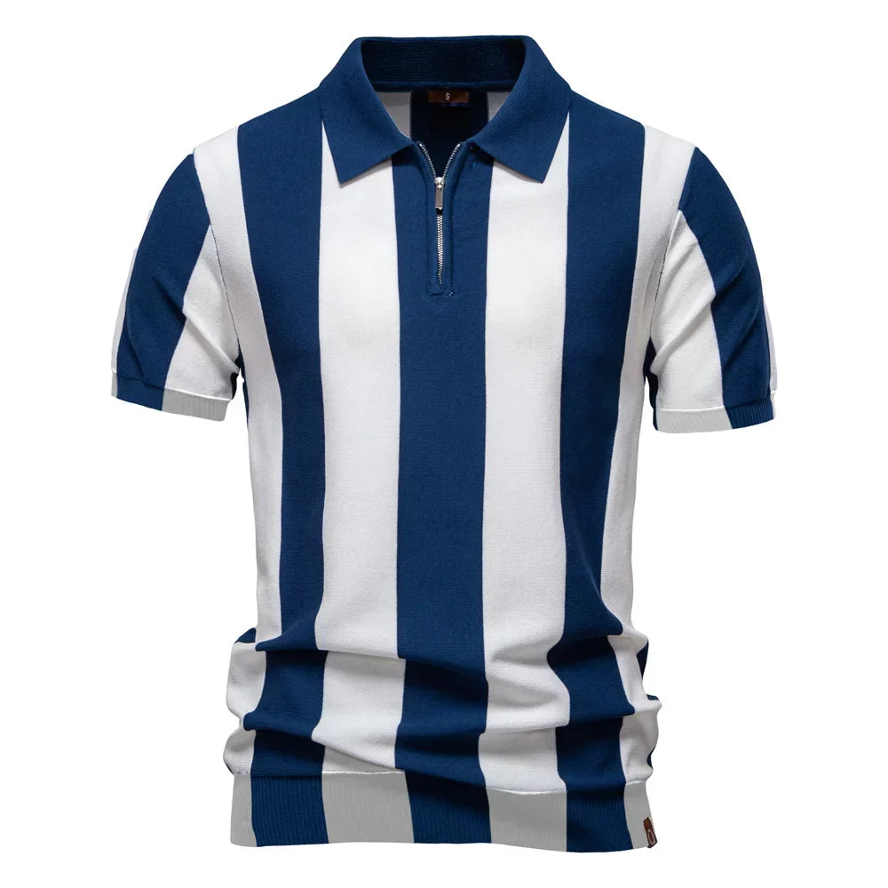 2025 New Summer Men's Breathable Striped Contrast Panel Polo Shirt - Casual Short Sleeve Knit Shirt with Comfort Fit
