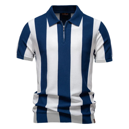 2025 New Summer Men's Breathable Striped Contrast Panel Polo Shirt - Casual Short Sleeve Knit Shirt with Comfort Fit