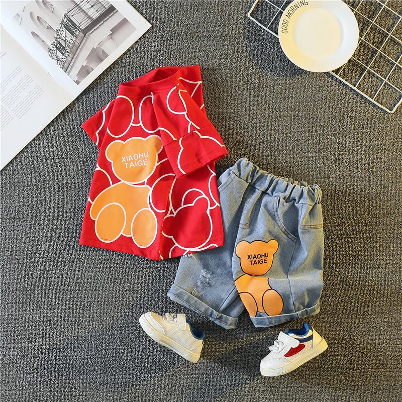 Summer Baby Boys Carttoon T-Shirt And Denim Shorts Set Toddler Infant Casual Clothing Outfit Kids Children's Clothing Suit