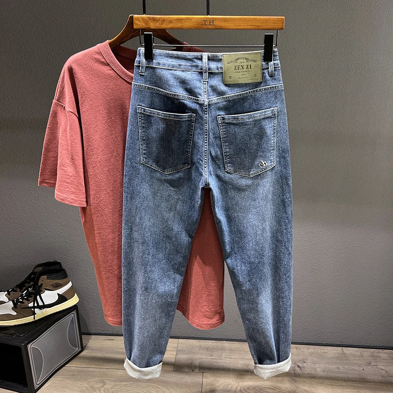 Men's Loose Harem Jeans Classic Blue Fashion Elastic Tapered Small Feet Denim Pants Streetwear Youth Ankle Length Trousers