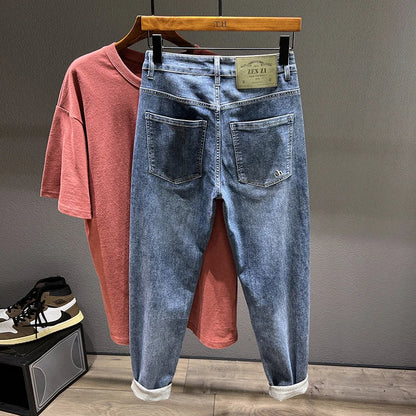 Men's Loose Harem Jeans Classic Blue Fashion Elastic Tapered Small Feet Denim Pants Streetwear Youth Ankle Length Trousers