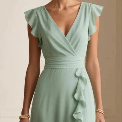 Women's Elegant Solid Color Ruffle Sleeveless Sexy V-Neck Long Dress Fashionable Bohemian Women's Party Evening Maxi Dresses