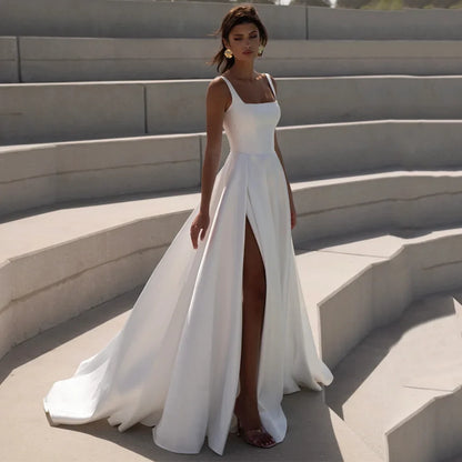 Modern Wedding Dress Sweep Train Customized Square Neck Sleeveless High Slit A Line Satin Bridal Gown for Woman Bride