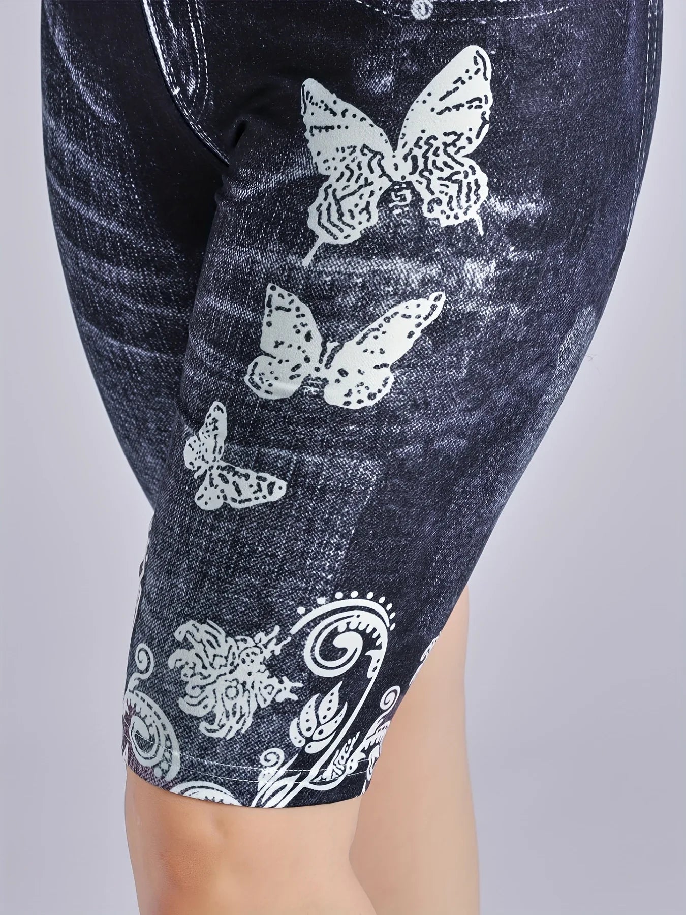 Lmitation Denim Leggings For Women Butterfly Waist Fruit Flower Elastic Shorts High Waist Casual