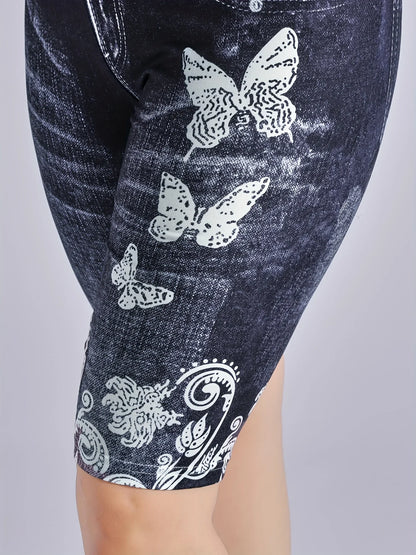 Lmitation Denim Leggings For Women Butterfly Waist Fruit Flower Elastic Shorts High Waist Casual