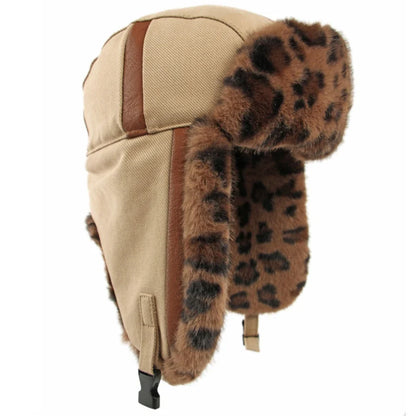 Bomber Hat Men Women Thick Warm Winter Hat Leopard Fur Earflap Cap Male Female Russian Hat Windproof Snow Ski Trapper Cap