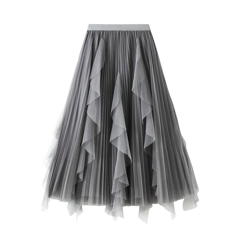 Women's Lotus Leaf Edge A Line Fairy Elastic Waist Tulle Skirt Midi High Waist Mesh Dress Solid Color Irregular Yarn Skirt D8808