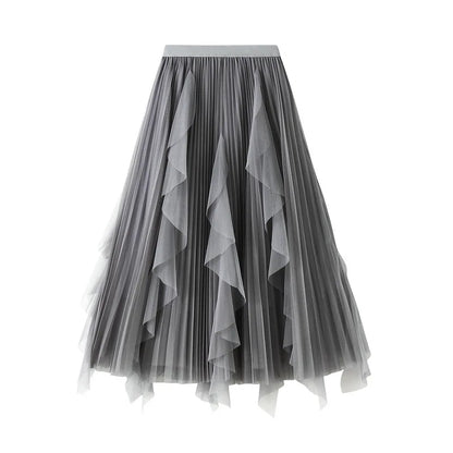 Women's Lotus Leaf Edge A Line Fairy Elastic Waist Tulle Skirt Midi High Waist Mesh Dress Solid Color Irregular Yarn Skirt D8808