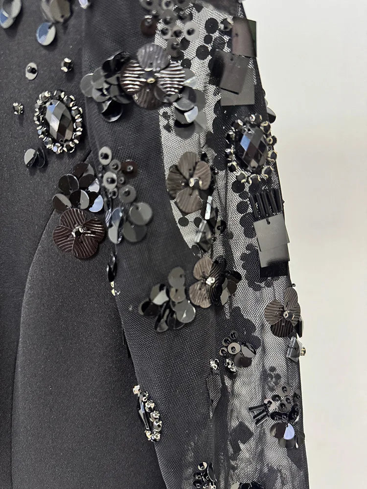 HIGH STREET Newest Fashion 2026 Designer Party Vestido Women's Spliced Mesh Diamonds Beaded Long Sleeved Maxi Long Dress