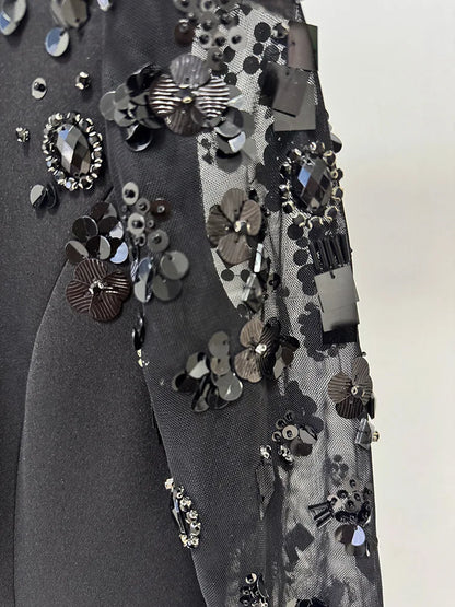 HIGH STREET Newest Fashion 2026 Designer Party Vestido Women's Spliced Mesh Diamonds Beaded Long Sleeved Maxi Long Dress