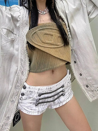Y2k Gothic Low Waist Women Jorts Vintage Punk Sexy American 2000s Chain Denim Shorts Slim Casual High Street Hot Pants