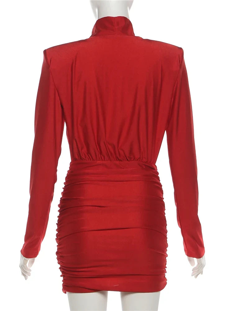 Classic Turtleneck Dress Women Shoulder Padded Ruched Sexy Office Commute Simple Peach Hip Skinny Elegant Mini Bodycon