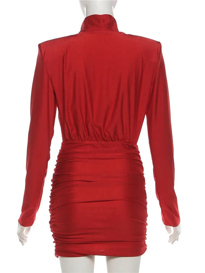Classic Turtleneck Dress Women Shoulder Padded Ruched Sexy Office Commute Simple Peach Hip Skinny Elegant Mini Bodycon