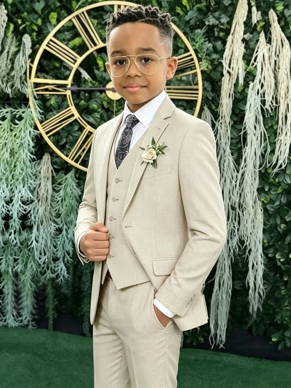 Fast Delivery Boys Linen Suits 4 Pieces For Piano Performance Notched Lapel Kids Regular Fit Suit Set Summer Wedding Wear 3-14T