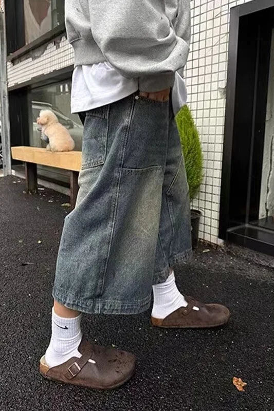 American Retro Washed High Street Jeans Shorts Men's Loose Straight Leg Wide Leg Vintage Casual Versatile Six Seven Pants