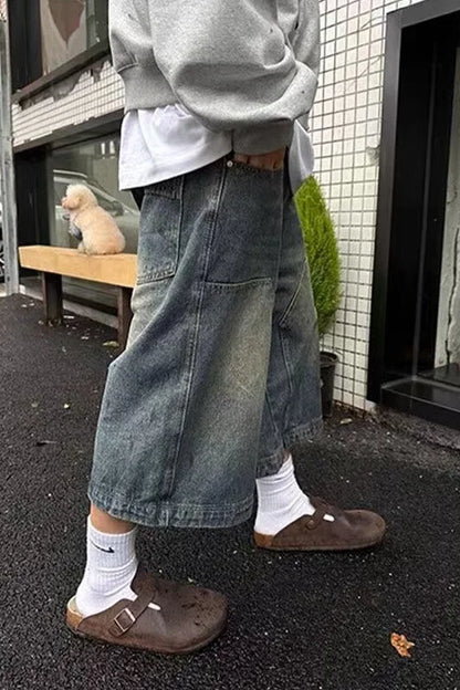 American Retro Washed High Street Jeans Shorts Men's Loose Straight Leg Wide Leg Vintage Casual Versatile Six Seven Pants
