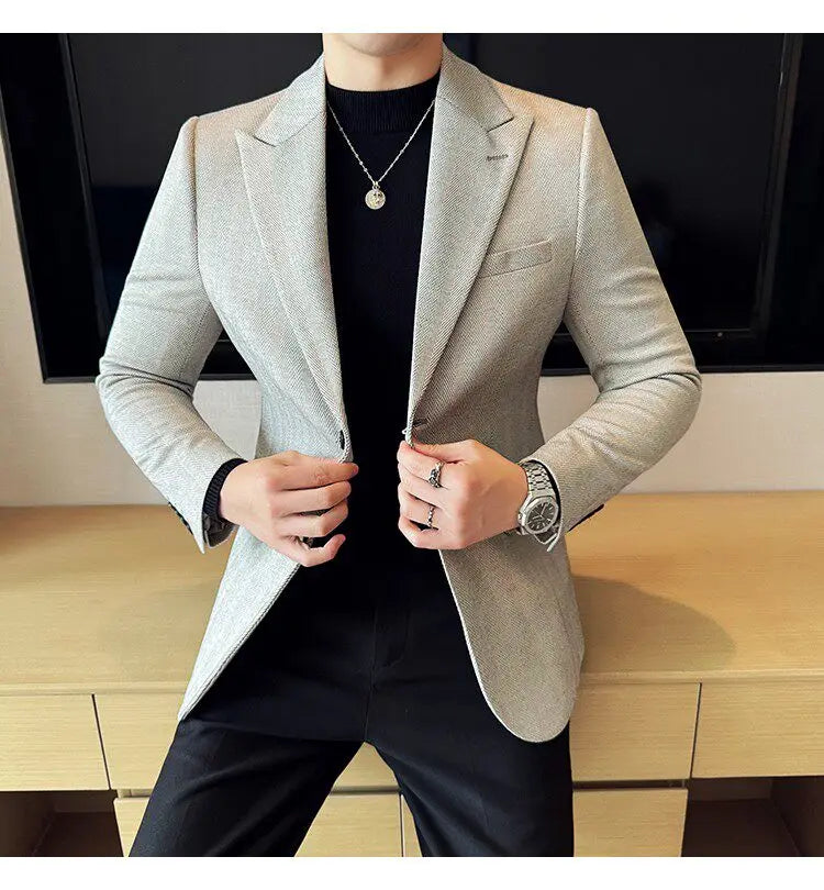 Men's Herringbone Stripe Suit Blazer Classic Lapel Dress Jacket Elegant Slim Fit Fashion Simple Casual Business Prom Suit Jacket