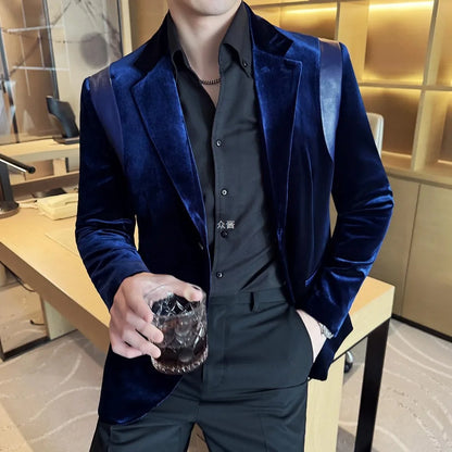 Leather Splicing Mercerized Velvet Suit Jacket 2025 Autumn New Men's High-end Business Slim Fit Fashion Party Tailcoat 4XL-M