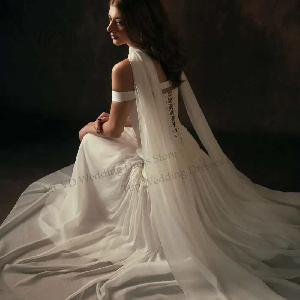 Off The Shoulder Chiffon A Line Wedding Dress Pleated Corset Back Bride Gowns Strapless vestido de casamento noiva civil 2026