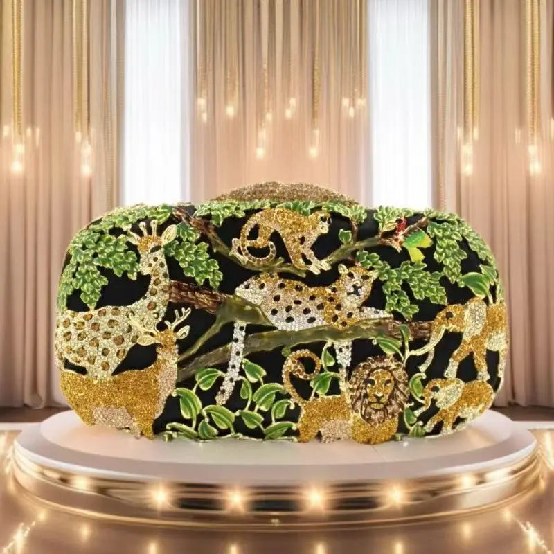 Animal Forest Rhinestone Evening Bag Hollow Metal Crystal Dinner Bag Bezel Diamond Clutch Purse Vintage Designer Handbags Luxury
