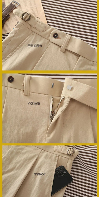 Casual style, blended fabric, men's light khaki twill relaxed straight-fit casual pants with Parisian button, cotton