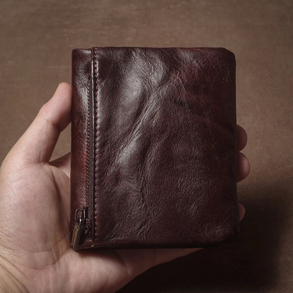 Vintage Genuine Leather Wallet For Men Women Zipper Coin Purse Driver License ID Card Holder Short Bifold Cowhide Purse