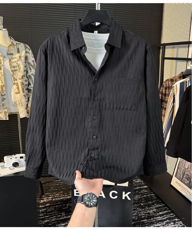 Casual Ice Silk Bubble Men's Anti-Wrinkle Summer Loose Fashionable Long Sleeve Shirt Urban Style Flip Collar Button Closure