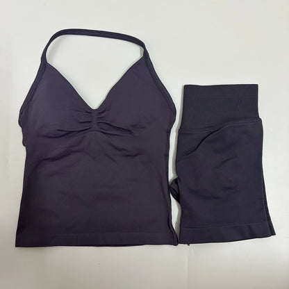 Women Yoga Set Seamless Yoga Longline Strappy Tank Top Scrunch Sports Shorts Gym Clothes Woman Summer Workout Outfit