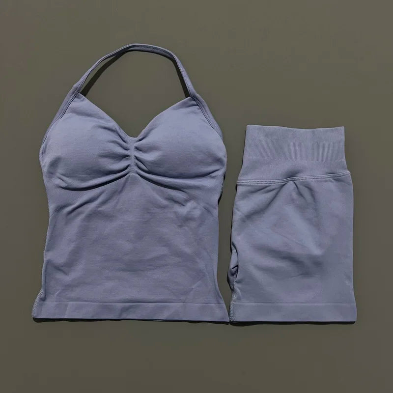 No Logo 2 Pies Sports Set Women Backless Tank Yoga Tops High Waist Scrunch Seamless Shorts Sport Gym Set Sportswear Workout Set