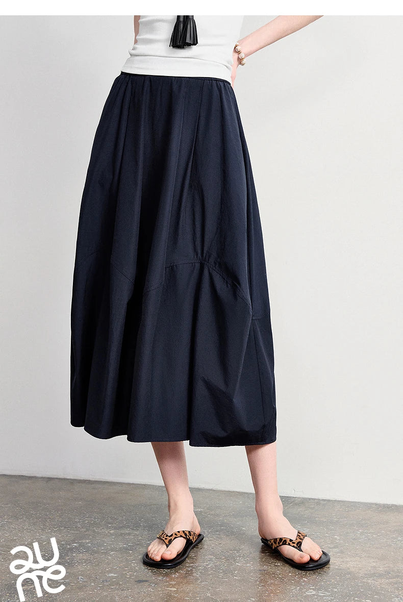 Women's A-Line Bud Skirt 2026 Summer New Split Detail Retro Puff Midi Skirt, Lightweight Outdoor Wear