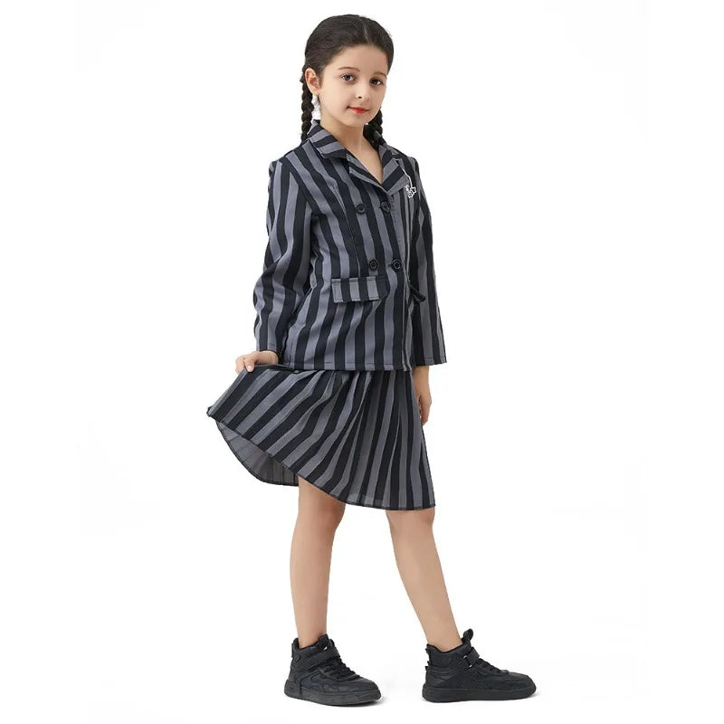 Girl Addams Family Halloween Cosplay Costume Girls Gray Purple Wednesday Addams Uniform Suit Skirts Wig Hand Wednesday Clothes