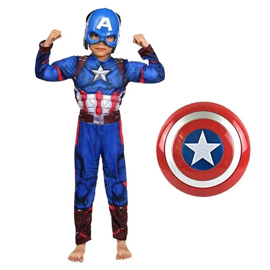 Kid Boys Captain America Muscle Costume Superhero Cosplay Jumpsuit  Halloween Carnival Party Birthday Dress Up Role Play Costume