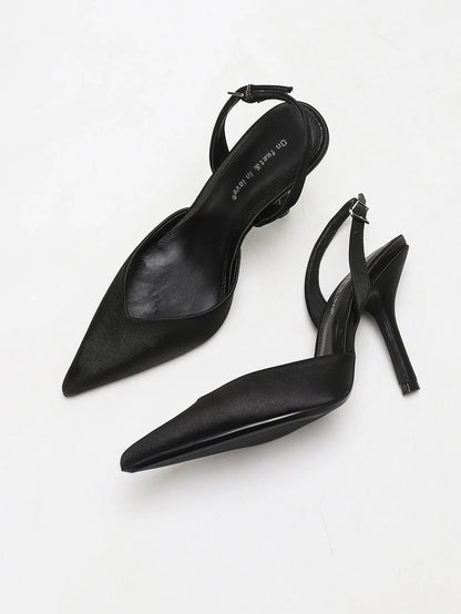 Women's Ivory Satin Pointed-Toe Slingback Heeled Sandals