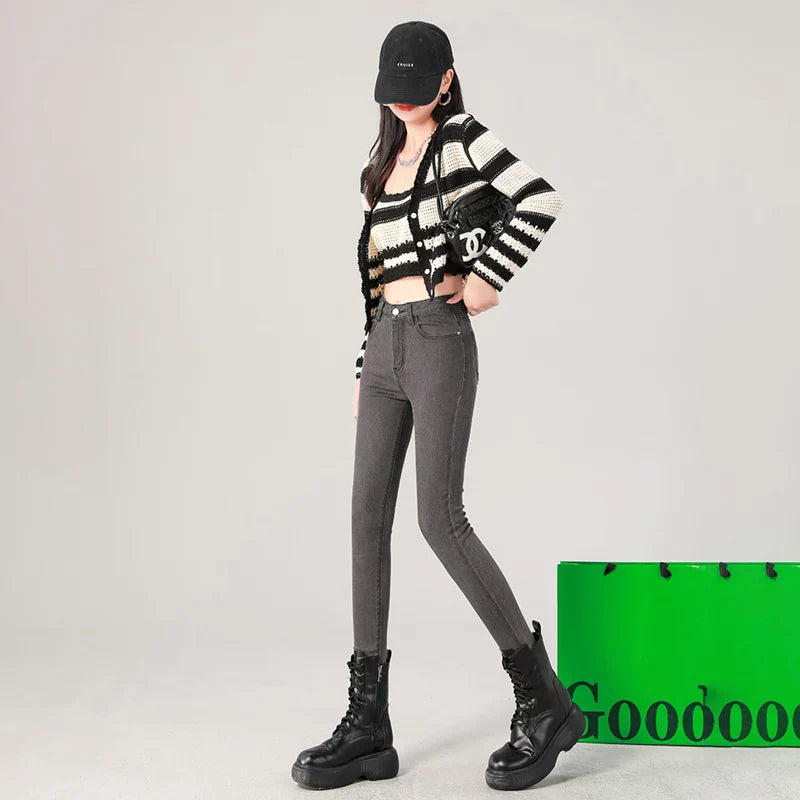 2024 Sexy Women Blue Slim Skinny Denim Jeans High Waist Elastic Mom Jeans Stretch Washed Pencil Pants Streetwear Tight Trousers