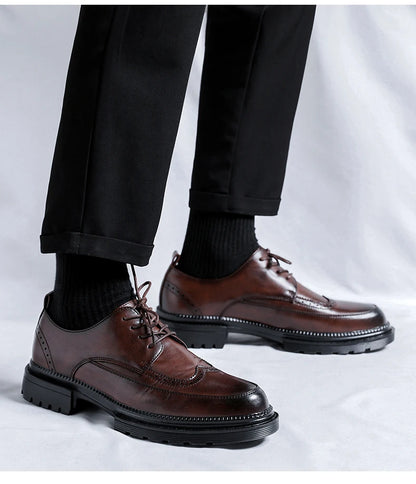Men Korea Leather Platform Oxfords Slip on Thick Tottom for Male Derby Shoes Casual Loafers Mens Square Toe Formal Dress Shoes