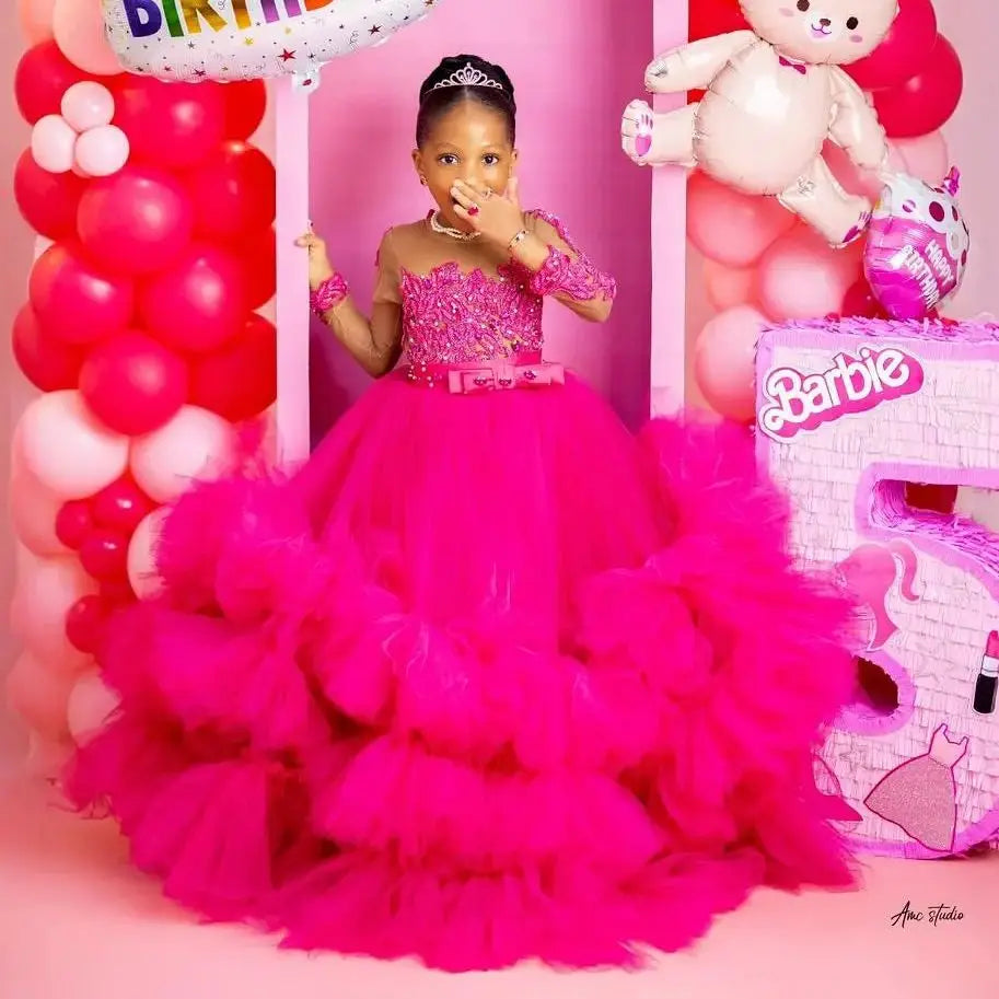 Fuchsia Princess Girls Birthday Party Dress Tiered Ruffles Long Sleeve Flower Girl Dresses for Wedding Kids Prom Gown Customized