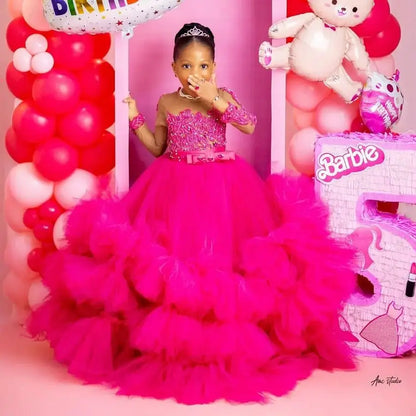 Fuchsia Princess Girls Birthday Party Dress Tiered Ruffles Long Sleeve Flower Girl Dresses for Wedding Kids Prom Gown Customized