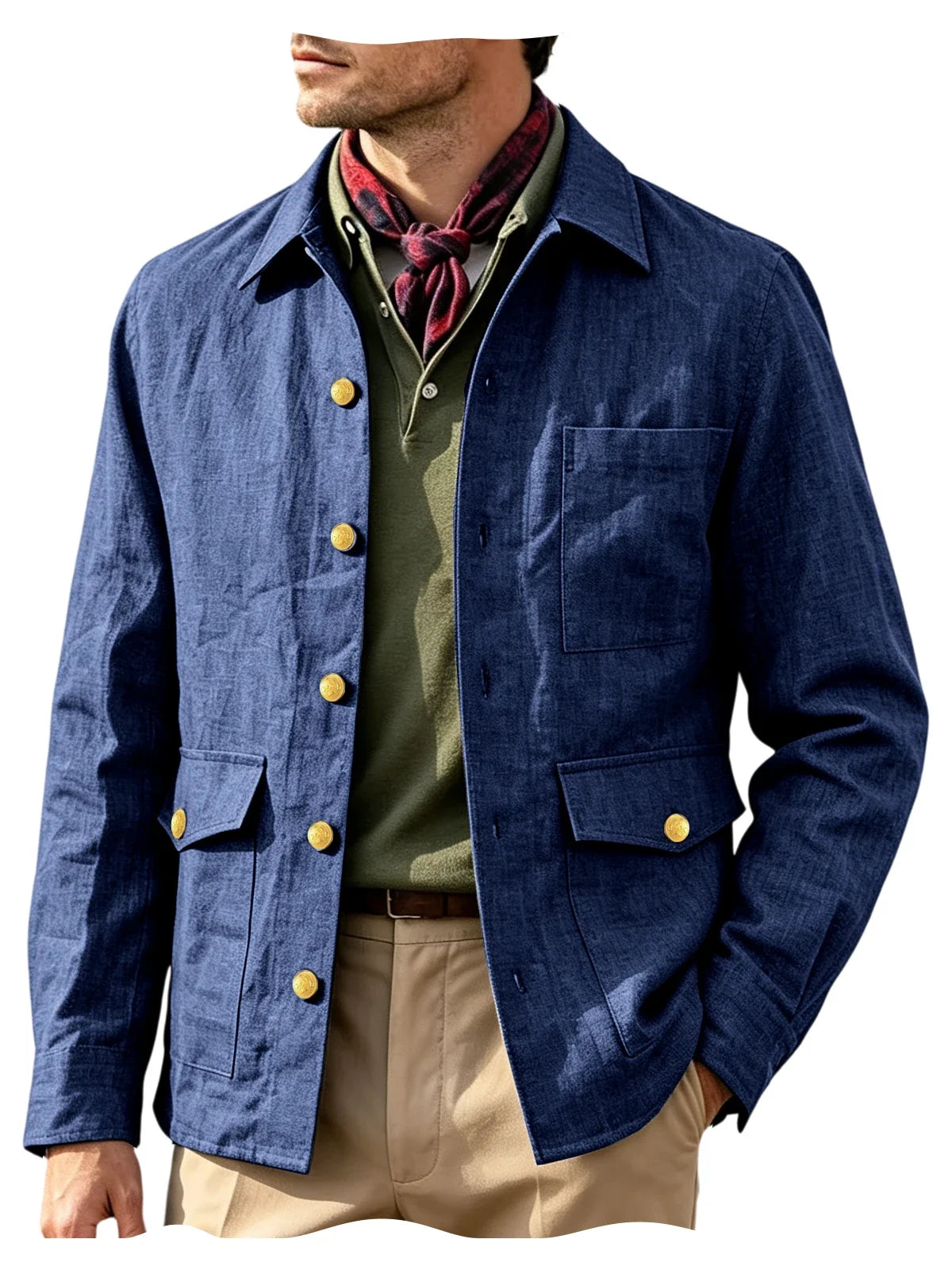 Vintage Men's Linen Jacket Lapel Collar Gold Button Casual Slim Fit Coat Lightweight Breathable for Formal Daily Office Wear