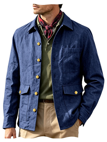 Vintage Men's Linen Jacket Lapel Collar Gold Button Casual Slim Fit Coat Lightweight Breathable for Formal Daily Office Wear