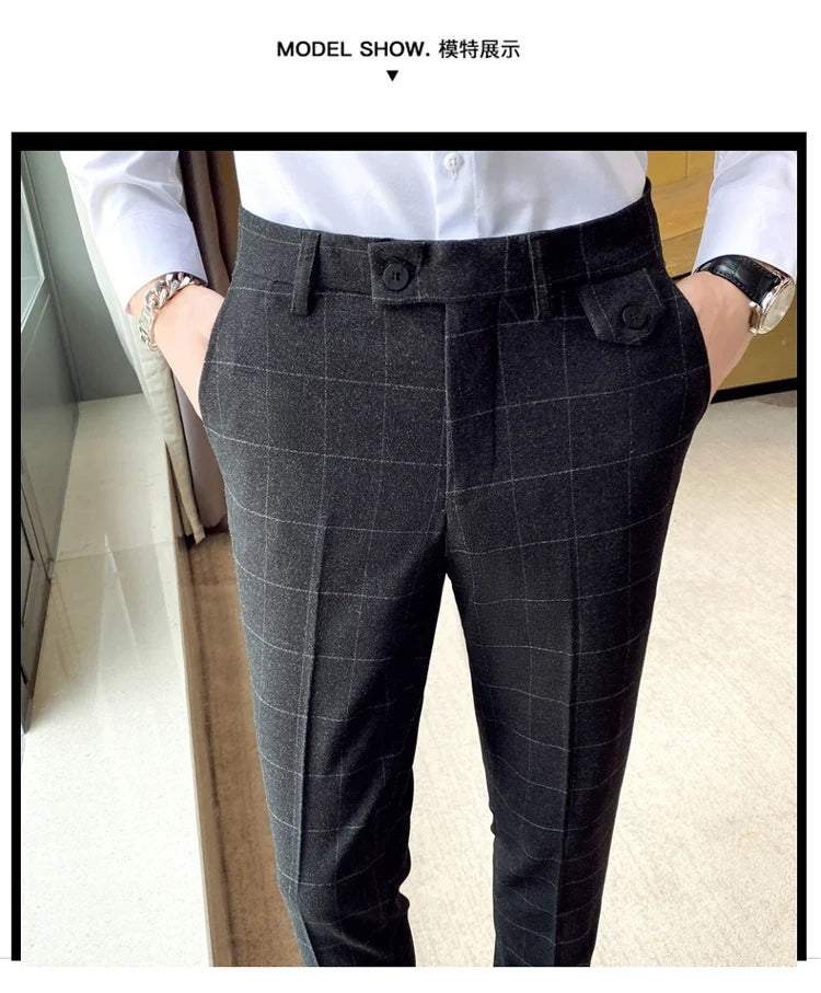 Boutique Classic Plaid and Striped Fashion Men's Casual Business Slim Suit Pants Groom Wedding Dress Trousers Party