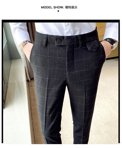 Boutique Classic Plaid and Striped Fashion Men's Casual Business Slim Suit Pants Groom Wedding Dress Trousers Party
