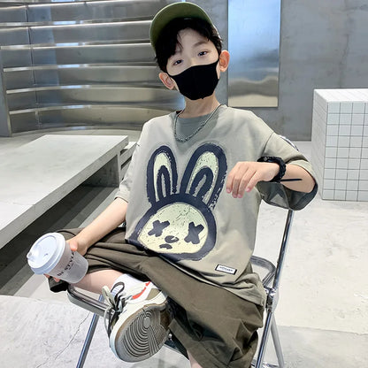 Summer Boys Cotton Leisure Cartoon Print T-Shirt Top+Shorts Pant Set School Kids 2PCS Tracksuit Children Vacation Outfit 5-16Yr