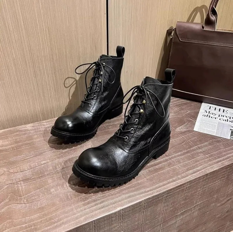 Vintage Mens Round Toe Lace Up High Top Work Safety Shoes Cowhide Genuine Leather Ankle Boots British Motorcycle Riding Boots 45
