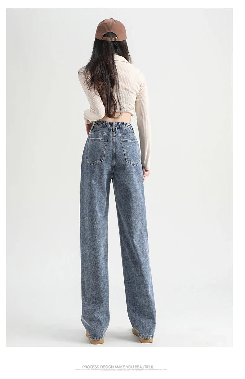 Woman Jeans Elastic High Waist Wide Leg Cotton Denim Clothing Blue White Streetwear Vintage Fashion Harajuku Straight Pants